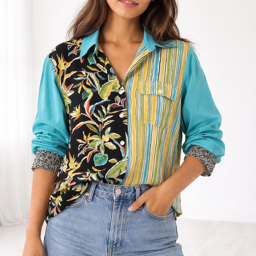 KOOS of Course Women's Medium Multicolor Button Down Shirt 100% Silk Tunic VTG